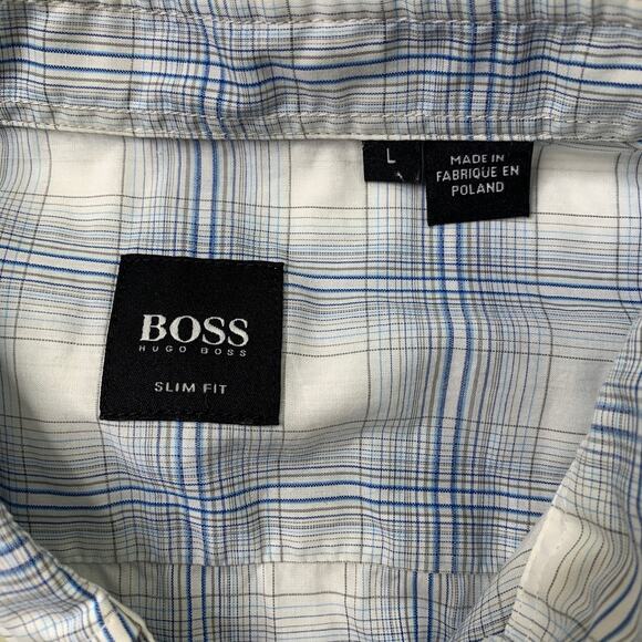 Hugo Boss Shirt Mens L Large Blue White SLIM Fit Plaid Button Down Cotton Dress - Picture 4 of 8